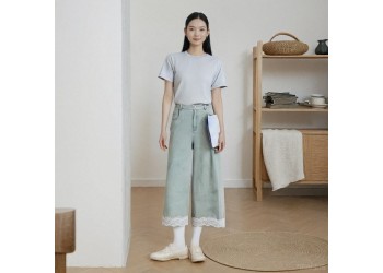 溫碧霞代言IRENENA服裝春季新款時(shí)尚藍(lán)色闊腿牛仔褲
